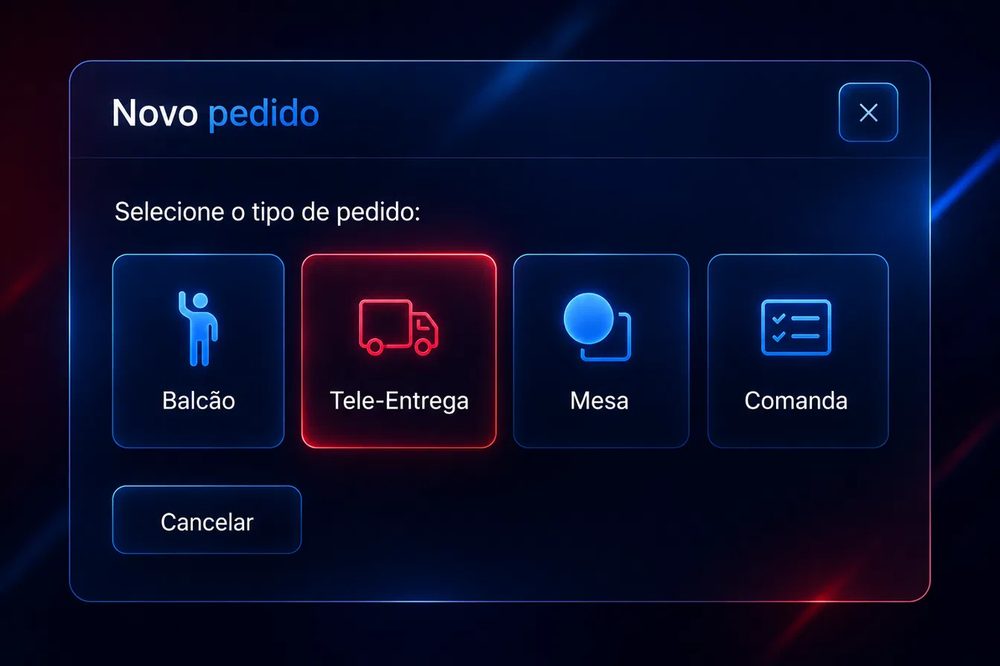 Tela do sistema mostrando os tipos de origem do pedido: Balcão, Tele-Entrega, Mesa e Comanda
