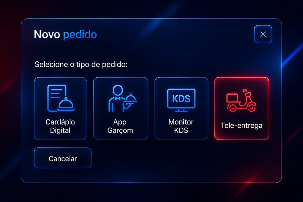 Tela do sistema mostrando a seleção de tipo de pedido: Cardápio Digital, App Garçom, Monitor KDS e Tele-entrega